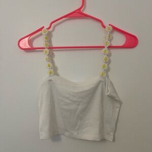 Emma & Sam White Ribbed Tank Top with Floral Straps